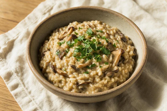 Seedream 5 Pro: Overhead food photography: rustic bowl of wild mushroom risotto, crisp herbs, cream linen 
