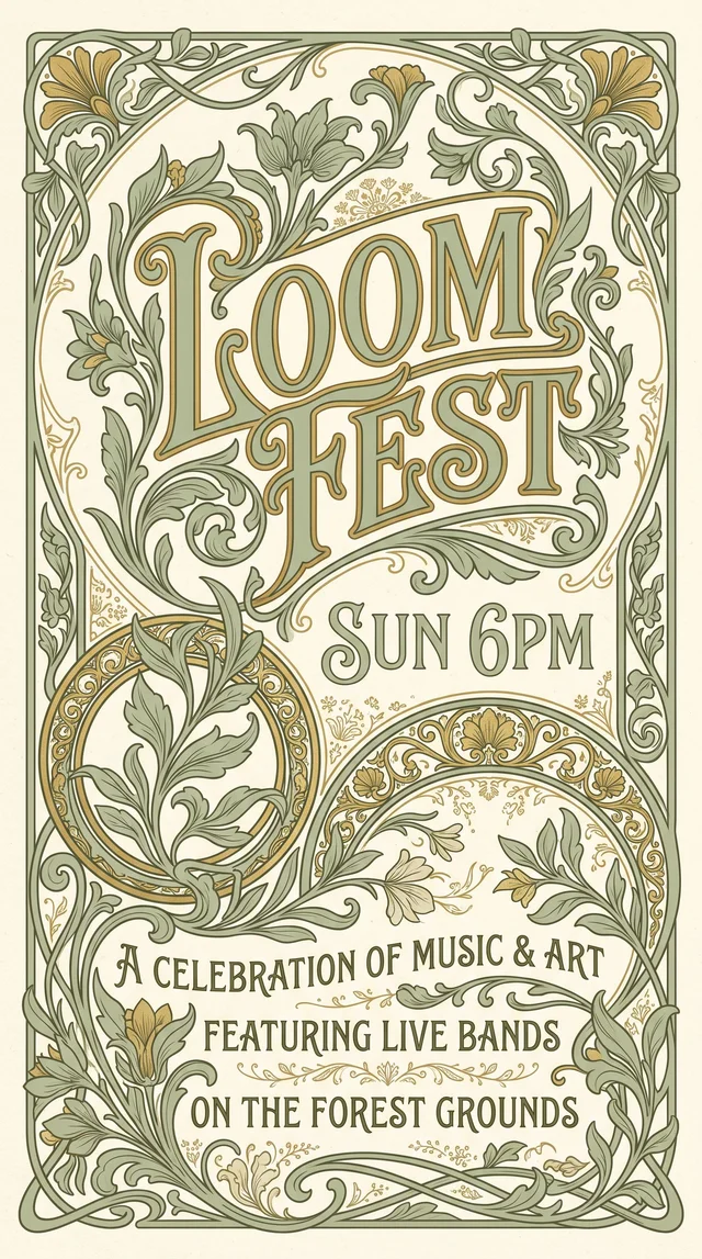 Nano Banana 2.1: Vertical music festival poster, art-nouveau inspired botanical linework in sage and gold o