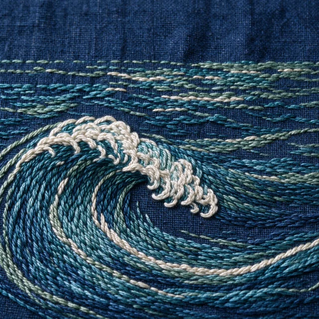 Seedream 5 Flash: Extreme close-up of hand embroidery depicting ocean waves, visible thread texture and fabr