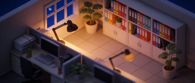 Seedream 4.5: Same cutaway office layout from the reference, now at night: lamps and screen glows warm, 