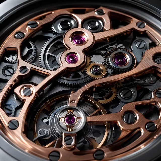GPT Image 1.5: Extreme macro of an exposed mechanical watch movement, gears and jewels crisp, rose-gold b