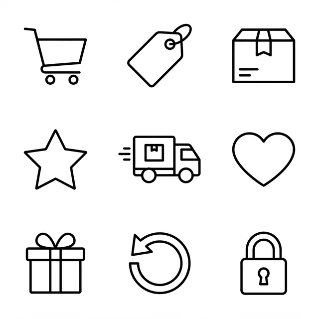 Nano Banana 2 Lite: A tidy set of nine minimalist line icons for e-commerce arranged in a 3x3 grid on white: s