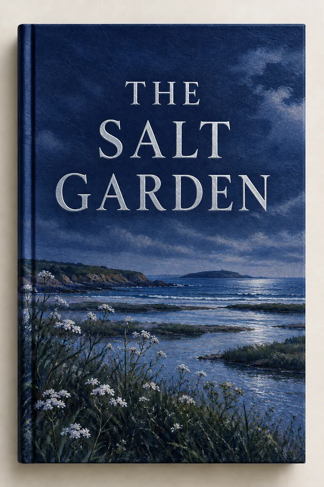 GPT Image 1.5: Same "THE SALT GARDEN" cover from the reference, reissued as a midnight edition: deep indi