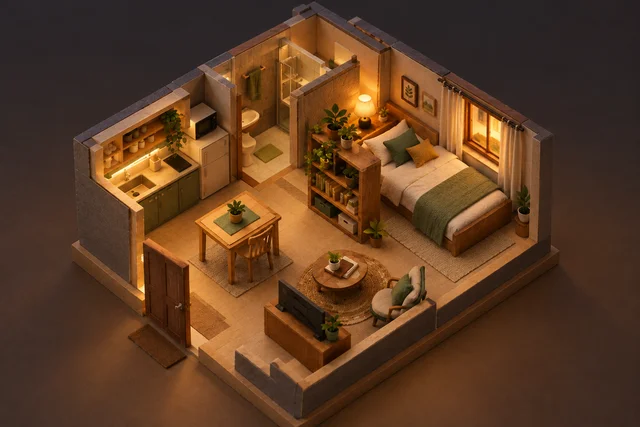 GPT Image 1.5: The same miniature studio apartment from the reference viewed from a higher three-quarter 