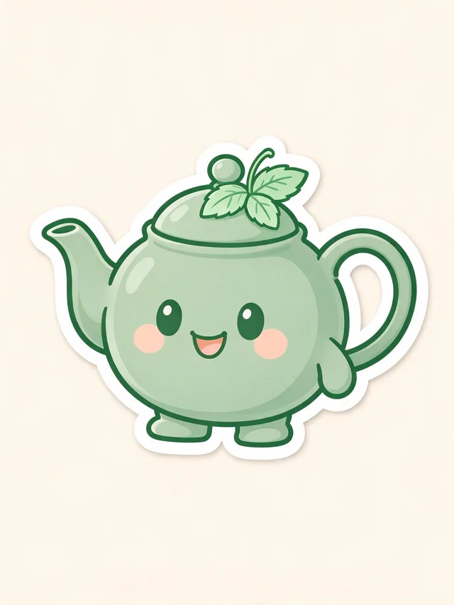 Seedream 5 Flash: Cute die-cut sticker mascot of a round teapot character with a tiny leaf hat and a friendl
