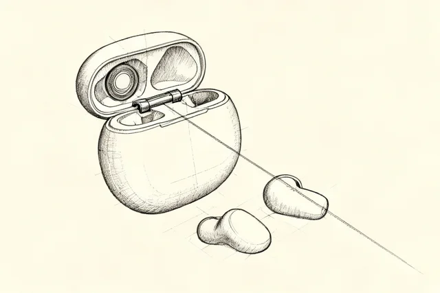 Seedream 4: Exploded technical view of the same earbud case from the reference: driver, hinge, shell s