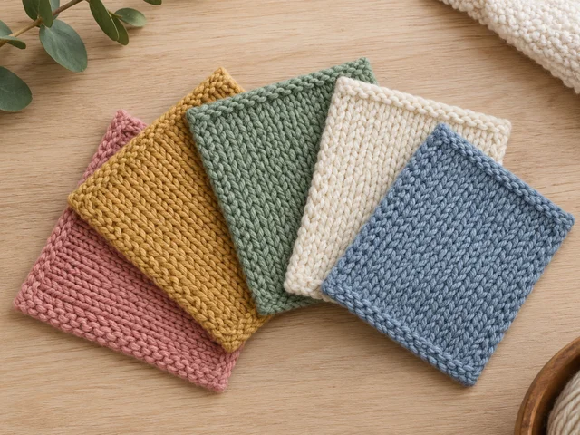 GPT Image 2.5 Flare: Cozy flat lay of five hand-knitted swatches in rose, gold, sage, cream and dusty blue, vis