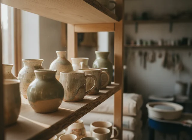 Nano Banana: Pottery studio shelf scene: handmade mugs and vases in sand and sage glazes on oak shelves