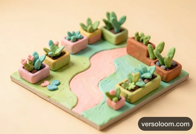 FLUX.2 [klein] 4B: Claymation-style isometric tiny garden diorama, soft sculpted planters, winding path, past
