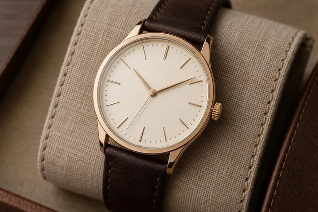 GPT Image 2.5 Sunburst: Macro product shot of an unbranded analog wristwatch with cream dial and rose-gold case on