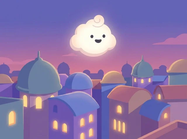 Nano Banana Pro: Same Puff flying over the pastel city from the reference, now at blue hour: lit windows, v