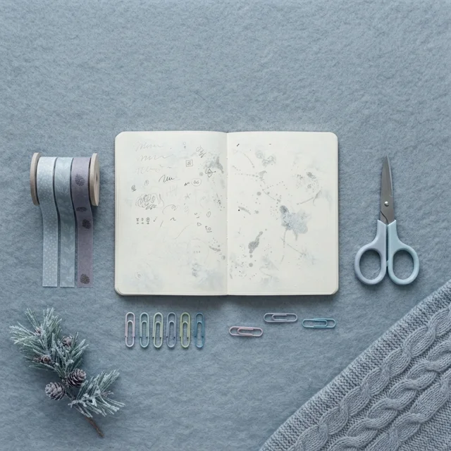 Nano Banana 2 Lite: The same desk flat lay from the reference in a winter palette: cool blue-grays, pine sprig