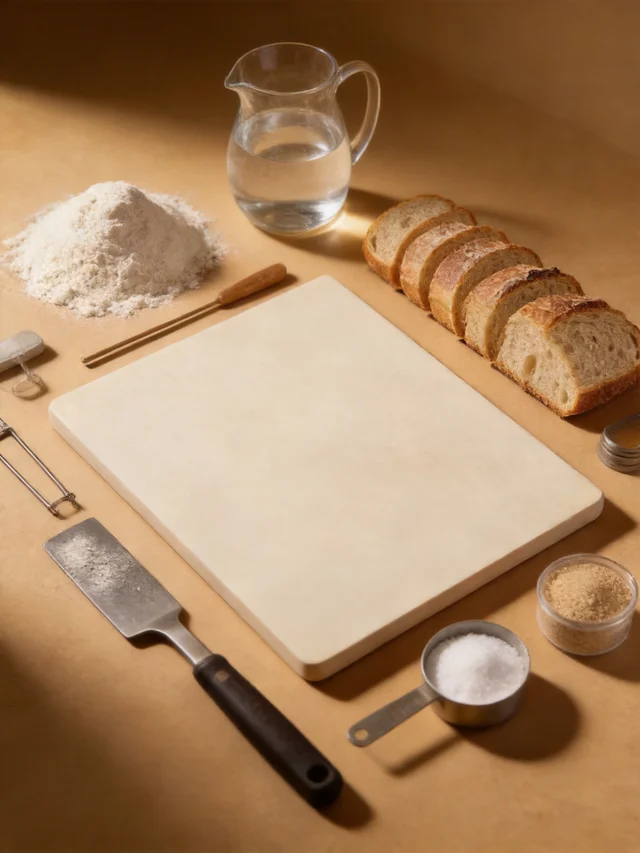 Seedream 4.5: Same sourdough loaf scene from the reference re-styled as an ingredient deconstruction kno