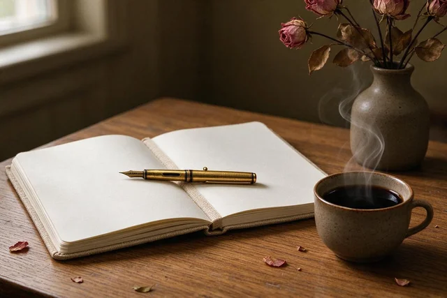 Seedream 5 Flash: Editorial still life on a warm oak desk: a linen-bound sketchbook open to blank pages, a b