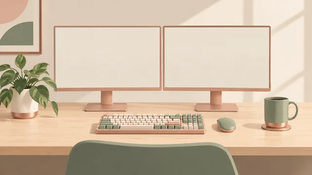 GPT Image 2: Minimalist workspace illustration: two monitors, mechanical keyboard, one plant and a mug 