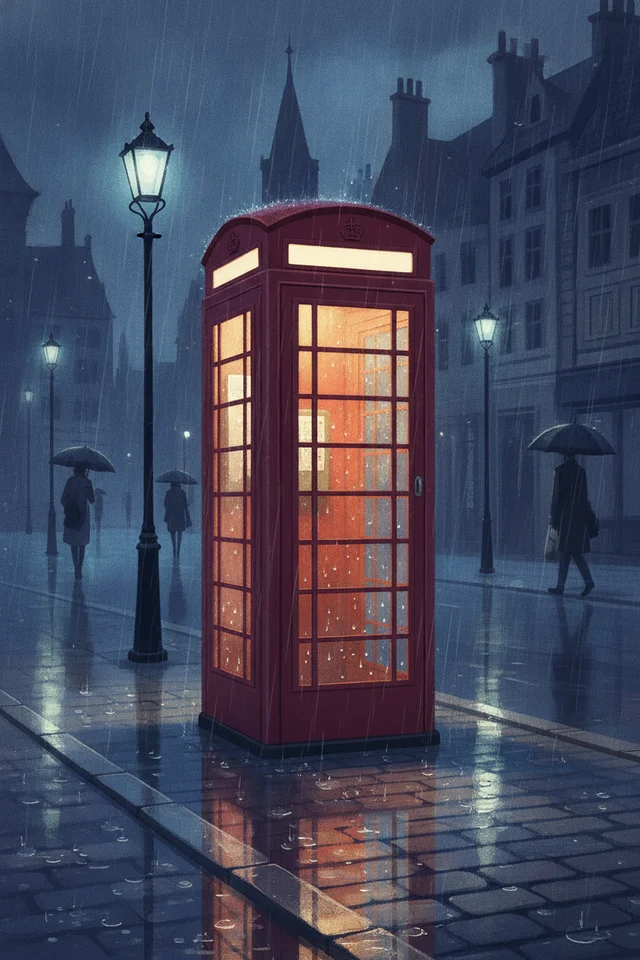 Nano Banana: Rainy street illustration of a red telephone booth glowing warm against wet blues, the boo