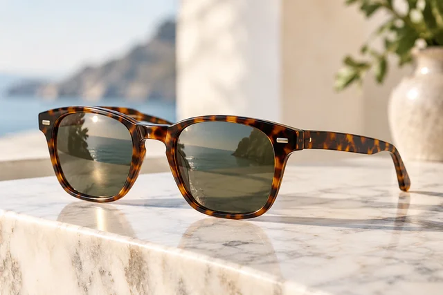 GPT Image 1.5: Product still life of unbranded tortoiseshell sunglasses on a marble ledge, soft morning l