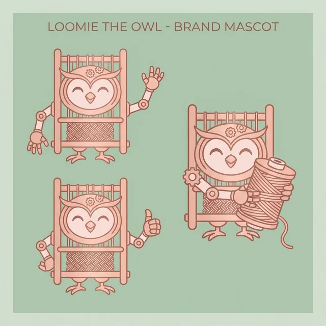 Nano Banana Pro: Brand mascot character sheet: the same smiling loom-shaped owl shown in three poses (wavin