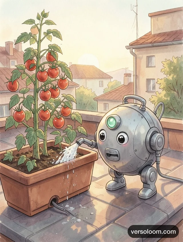 FLUX.2 [klein] 4B: Storybook character illustration of a small round tinkerbot robot watering a rooftop tomat