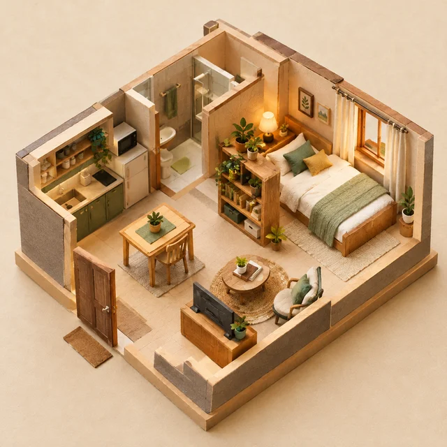 GPT Image 1.5: Isometric miniature one-room studio apartment as a hand-painted toy model, warm lamp, tiny