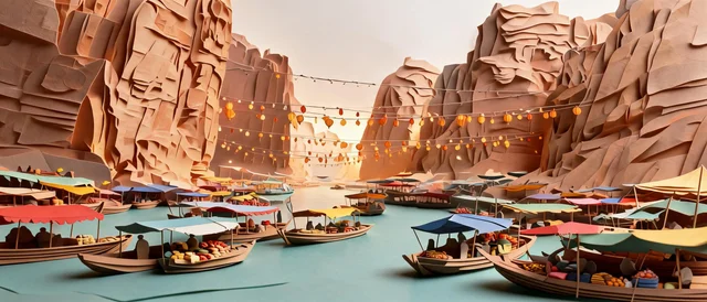 Seedream 5 Lite: Re-render the canyon floating market from the reference as layered cut-paper art with visi