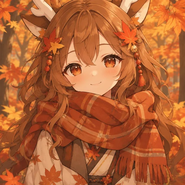 GPT Image 2.5 Flare: Anime-style avatar of a cozy autumn forest spirit girl with maple-leaf hairpins and an ove