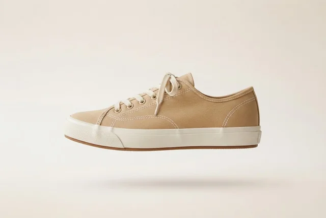Nano Banana 2 Lite: Product photo of an unbranded low-top canvas sneaker in sand beige floating on a pale grad