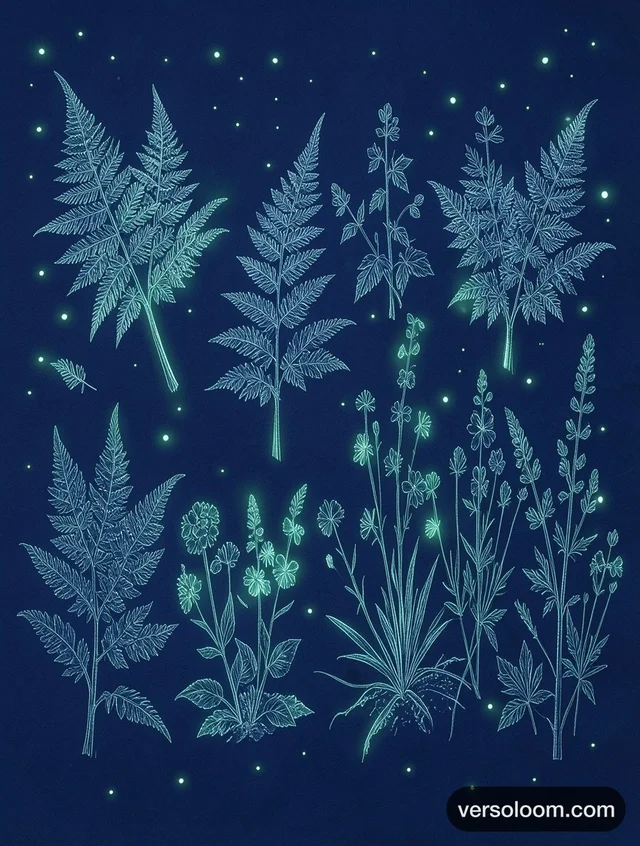 FLUX.2 [klein] 4B: The same fern and wildflower botanical page from the reference at night: indigo paper, glo