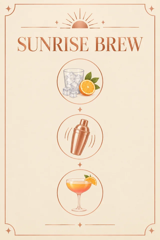 GPT Image 2.5 Sunburst: Vertical recipe card illustration, text ONLY "SUNRISE BREW" as title and three icon steps 