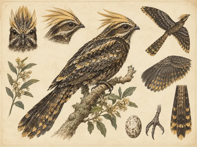 GPT Image 2: Vintage naturalist plate of an invented bird, the golden-crested nightjar, perched on a bo