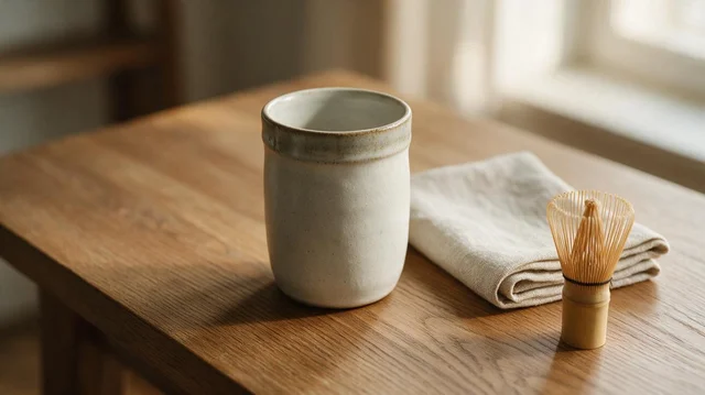 Seedream 5 Pro: E-commerce hero shot of a handmade ceramic matcha mug on an oak table beside a folded line