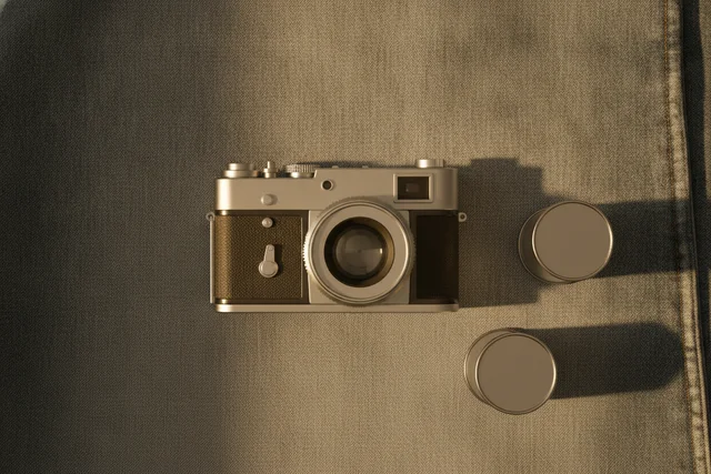 Nano Banana: Flat lay of a vintage film camera on denim cloth with two unmarked film canisters, every l