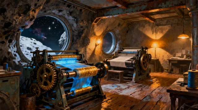 Seedream 4: Wide concept-art establishing shot of a cozy interstellar print workshop inside a hollow a
