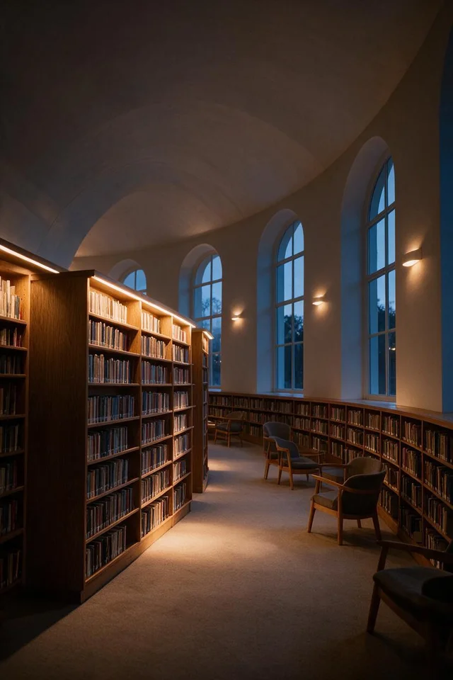 Seedream 5 Pro: Same library room from the reference, switched from day to evening: warm lamps glowing bet