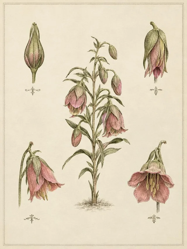 GPT Image 2.5 Flare: Vintage botanical plate of an invented flower "aurora bell", five stages of bloom arranged