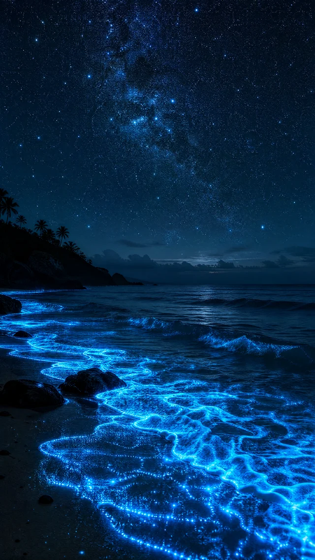 GPT Image 2: Vertical phone wallpaper of bioluminescent ocean waves glowing under a dense starry sky, d