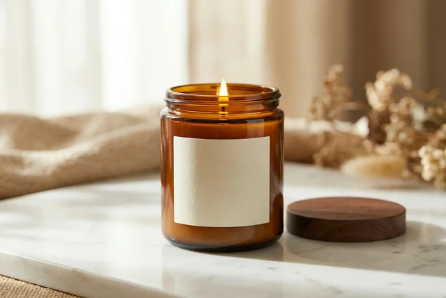 Nano Banana Pro: Premium scented candle product shot: amber glass jar with a wooden lid resting aside, soft