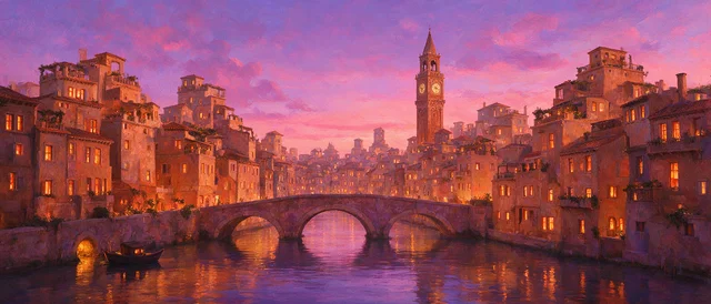 Seedream 5 Pro: Ultra-wide dusk panorama of an invented canal city with stepped rooftops and one tall cloc