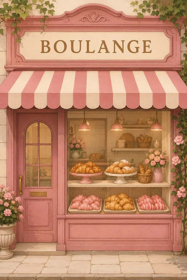 GPT Image 2.5 Flare: Charming bakery storefront illustration, awning stripes in cream and rose, window display 