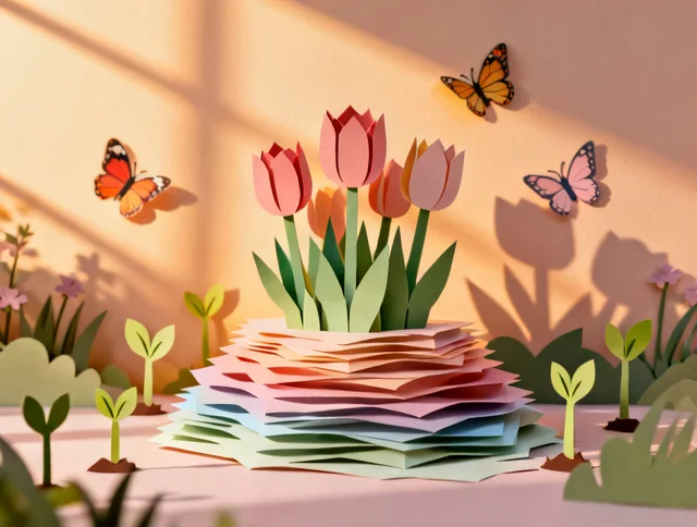 Seedream 4: Layered paper-cut pop-card of a spring garden: stacked tulips, sprouts and butterflies in 