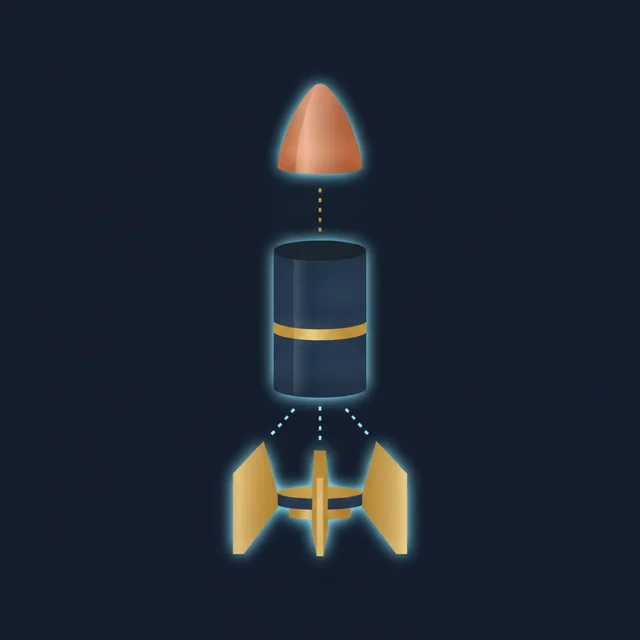 Nano Banana: Same three-part rocket infographic from the reference in a night edition: deep navy ground