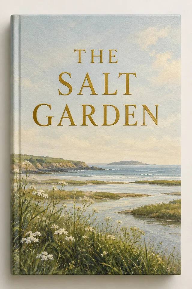 GPT Image 1.5: Book cover mockup of an invented novel "THE SALT GARDEN", embossed gold serif title over a