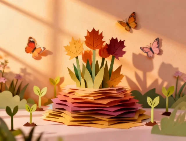 Seedream 4: Same layered paper-cut spring garden from the reference, recolored as an autumn edition: a