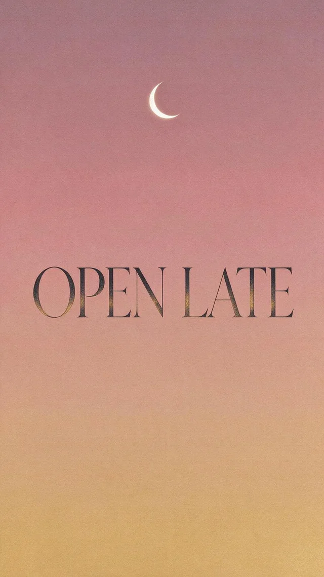Seedream 5 Flash: Minimalist vertical social poster, large elegant serif text "OPEN LATE" over a flat dawn g
