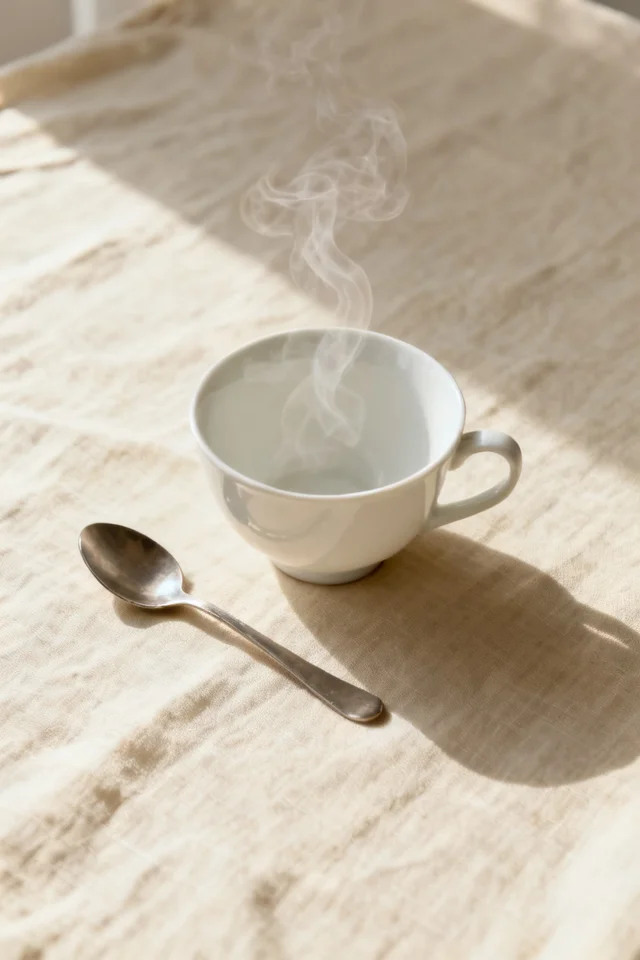 Seedream 4: Overhead shot of a white porcelain teacup with rising steam on a cream linen, single tea s