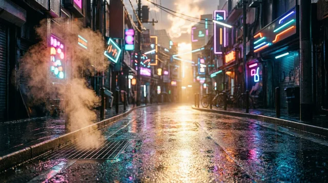 Nano Banana 2: The same rainy neon street from the reference just after the rain stops: cloud break, warm