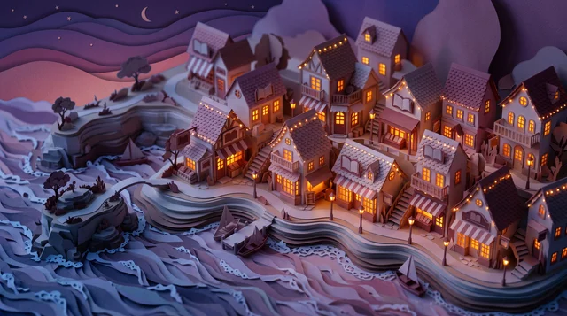 Nano Banana 2.1: Take the paper-craft bookshop village from the reference and turn it from day to blue-hour