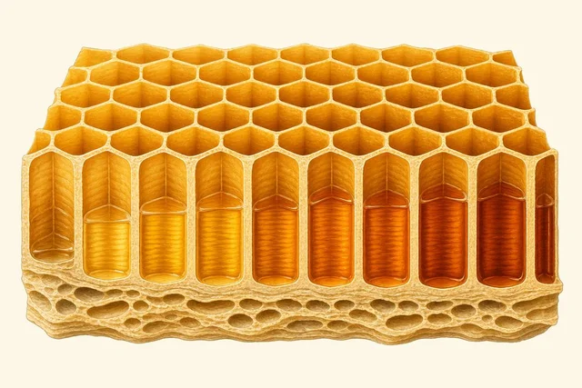 GPT Image 2: Detailed cross-section illustration of a honeycomb, hexagonal cells with amber gradients, 