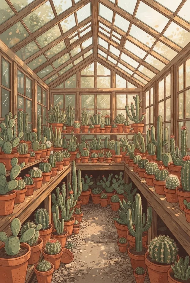 Nano Banana 2 Lite: Greenhouse full of cacti illustration, glass panes and warm wood, spotted light on terraco