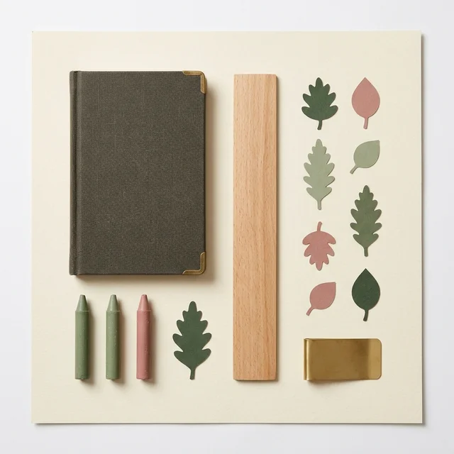 Nano Banana 2.1: Knolling flat lay of a stationery set on cream paper: brass-edged notebook, three wax cray